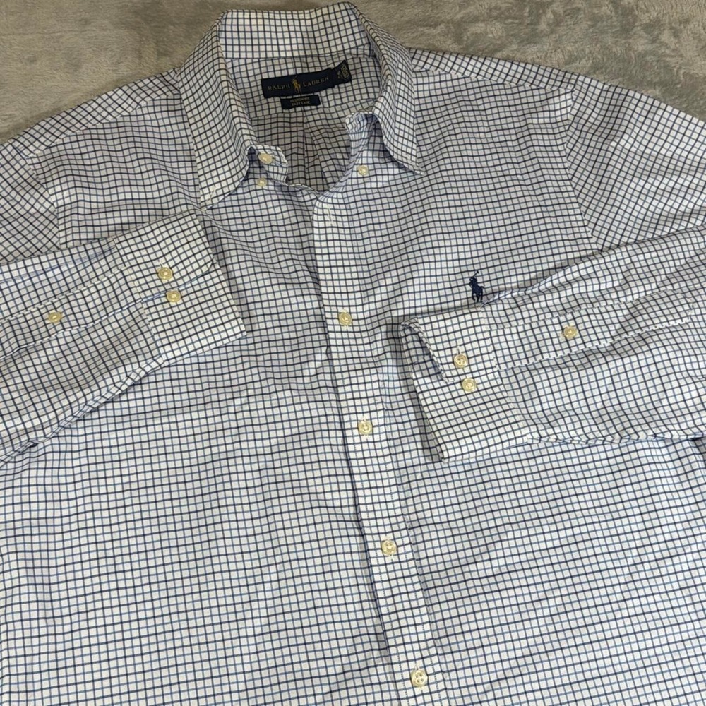 Vintage Ralph Lauren Custom Fit Button Down Shirt | White Blue Check | Large